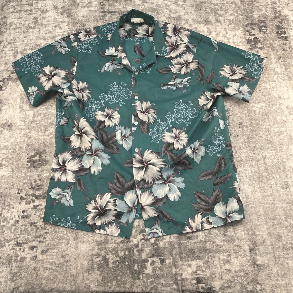 Vtg Jade Fashions Men 2XL Hawaiian Aloha Shirt Teal Floral Hibiscus Vacationcore